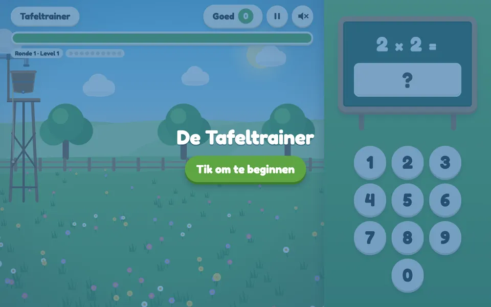 De Tafeltrainer: het beginscherm met schoolbord en cijferknoppen